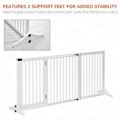 PawHut Wooden Freestanding Pet Gate Adjustable w/ Door Lock Safe Barrier White