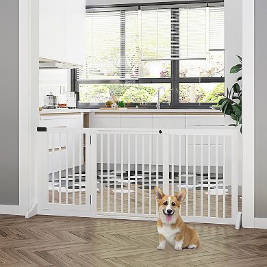 PawHut Wooden Freestanding Pet Gate Adjustable w/ Door Lock Safe Barrier White