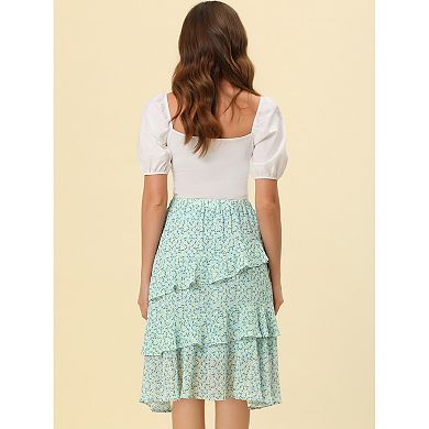Women's Elastic Waist Ruffle Hem Layered Chiffon Midi Skirt