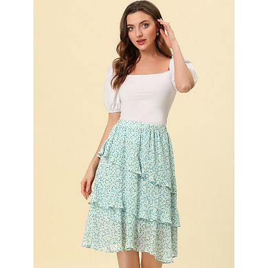 Women's Elastic Waist Ruffle Hem Layered Chiffon Midi Skirt