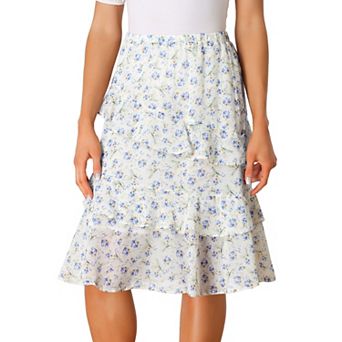 Women's Elastic Waist Ruffle Hem Layered Chiffon Midi Skirt