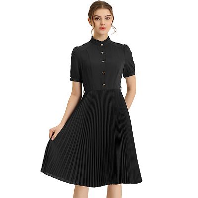Women s Elegant Short Sleeve Ruffle Stand Neck Belted Waist Pleated A Line Midi Dress