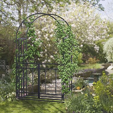 81" Metal Garden Arbor with Double Doors, Locking Gate, Grey