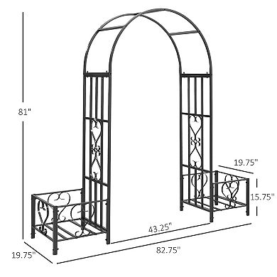 Outdoor Decorative Metal Backyard Garden Arch W/ 2 Side Planter Boxes Dark Gray