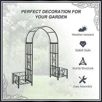 Outdoor Decorative Metal Backyard Garden Arch W/ 2 Side Planter Boxes Dark Gray