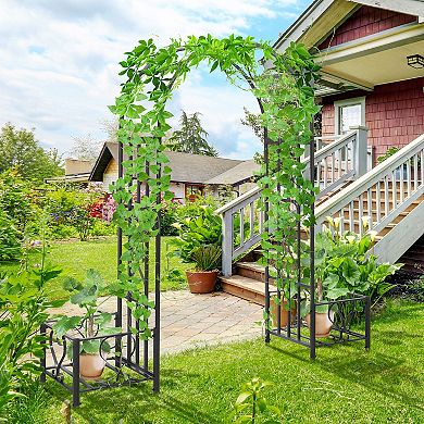 Outdoor Decorative Metal Backyard Garden Arch W/ 2 Side Planter Boxes Dark Gray