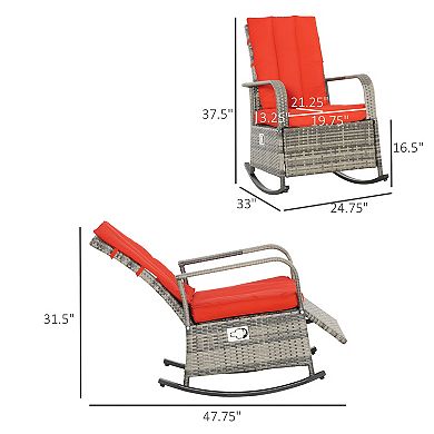 Outsunny Outdoor Rattan Wicker Rocking Chair Patio Recliner with Soft Cushion, Adjustable Footrest, Max. 135 Degree Backrest, Red