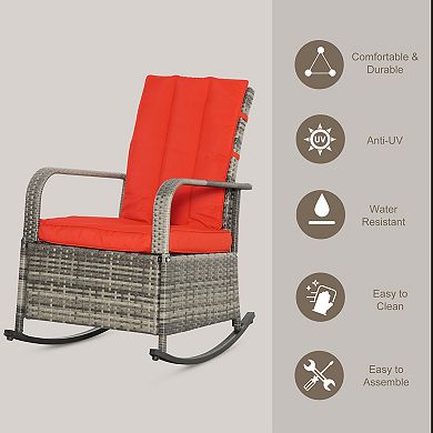 Outsunny Outdoor Rattan Wicker Rocking Chair Patio Recliner with Soft Cushion, Adjustable Footrest, Max. 135 Degree Backrest, Red