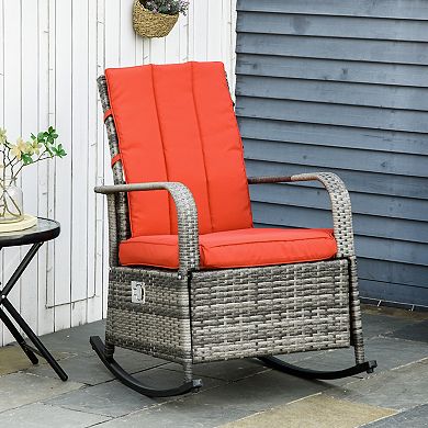 Outsunny Outdoor Rattan Wicker Rocking Chair Patio Recliner with Soft Cushion, Adjustable Footrest, Max. 135 Degree Backrest, Red
