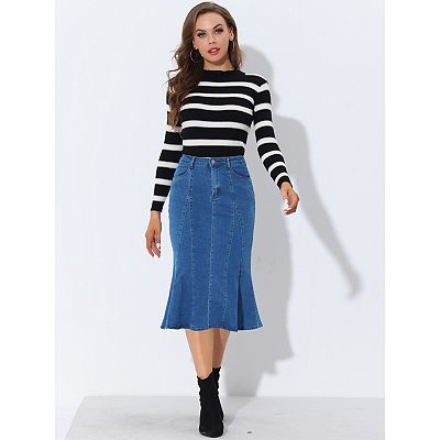Women s Zip High Waist Ruffled Fishtail Hem Bodycon Midi Denim Skirt