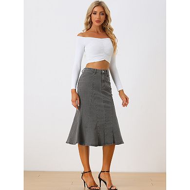Women's Zip High Waist Ruffled Fishtail Hem Bodycon Midi Denim Skirt