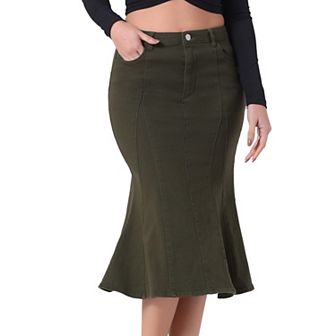 Women's Zip High Waist Ruffled Fishtail Hem Bodycon Midi Denim Skirt