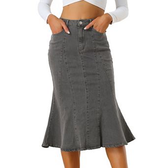 Women's Zip High Waist Ruffled Fishtail Hem Bodycon Midi Denim Skirt