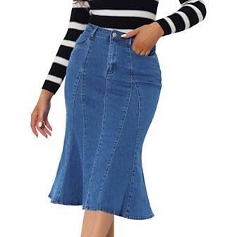 Women's Zip High Waist Ruffled Fishtail Hem Bodycon Midi Denim Skirt