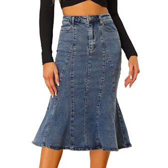 Women's Zip High Waist Ruffled Fishtail Hem Bodycon Midi Denim Skirt