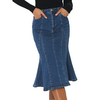 Women's Zip High Waist Ruffled Fishtail Hem Bodycon Midi Denim Skirt