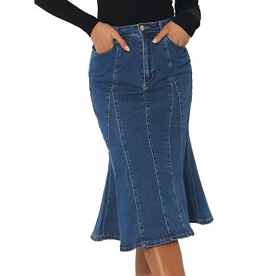 Women s Zip High Waist Ruffled Fishtail Hem Bodycon Midi Denim Skirt