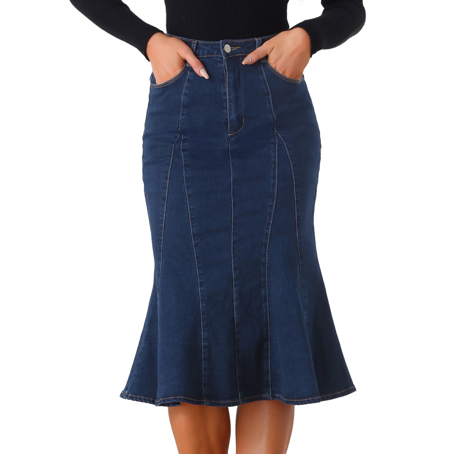 Women's Zip High Waist Ruffled Fishtail Hem Bodycon Midi Denim Skirt