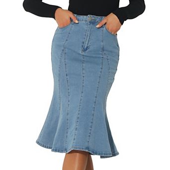 Women's Zip High Waist Ruffled Fishtail Hem Bodycon Midi Denim Skirt