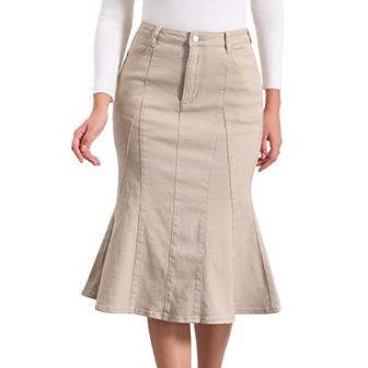 Women's Zip High Waist Ruffled Fishtail Hem Bodycon Midi Denim Skirt