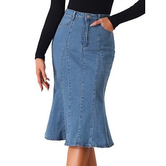 Women's Zip High Waist Ruffled Fishtail Hem Bodycon Midi Denim Skirt