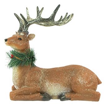 10" Glittered Brown Kneeling Deer Christmas Decoration