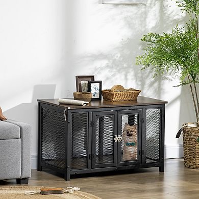 PawHut Furniture Style Dog Crate with Openable Top, Big Dog Crate End Table, Puppy Crate for Medium Dogs Indoor, Spacious Interior, Pet Kennel, Brown, Black