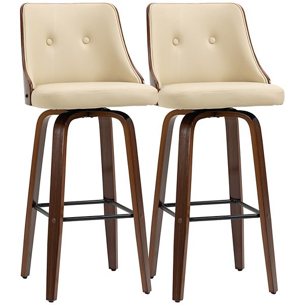 Set Of 2 Counter Height Bar Stools Pu Swivel Barstools W/ Footrest, Beige