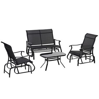 Outsunny 4 pc Gliders Set, Outdoor Furniture Sets with 2-Person Glider Patio Bench, Single Sling Chair and Glass Coffee Table for Backyard, Lawn and Garden, Black