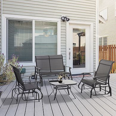 Outsunny 4 Pieces Gliders Set, Outdoor Furniture Sets with 2-Person Glider Patio Bench, Single Sling Chair and Glass Coffee Table for Backyard, Lawn and Garden, Black