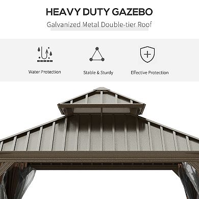 Outsunny 12x12 Hardtop Gazebo with Aluminum Frame, Permanent Metal Roof Gazebo Canopy with Curtains and Netting for Gardens, Patios, Backyards, Coffee