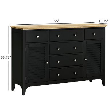 HOMCOM Modern Sideboard with Drawers, Buffet Cabinet with Storage Cabinets, Rubberwood Top and Adjustable Shelves for Living Room, Kitchen, Black