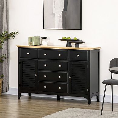 HOMCOM Modern Sideboard with Drawers, Buffet Cabinet with Storage Cabinets, Rubberwood Top and Adjustable Shelves for Living Room, Kitchen, Black