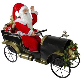 33" Santa Delivering Presents in a Black and Gold Vintage Car Christmas Decoration