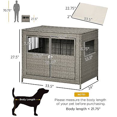 PawHut Rattan Dog Crate with Double Doors, Wicker Dog Cage with Soft Washable Cushion, Dog Kennel Furniture Outdoor Indoor for Medium to Large Sized Dogs, Gray