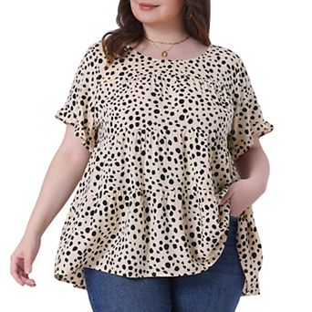 Women's Plus Size Polka Dots Blouses Round Neck 3/4 Ruffle Sleeve Tiered Peplum Tops