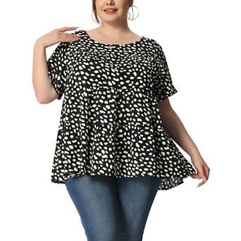 Women's Plus Size Polka Dots Blouses Round Neck 3/4 Ruffle Sleeve Tiered Peplum Tops