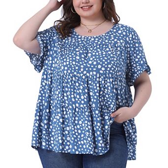 Women's Plus Size Polka Dots Blouses Round Neck 3/4 Ruffle Sleeve Tiered Peplum Tops