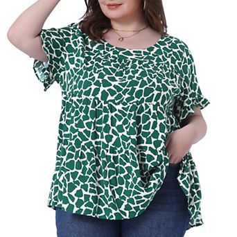 Women's Plus Size Polka Dots Blouses Round Neck 3/4 Ruffle Sleeve Tiered Peplum Tops