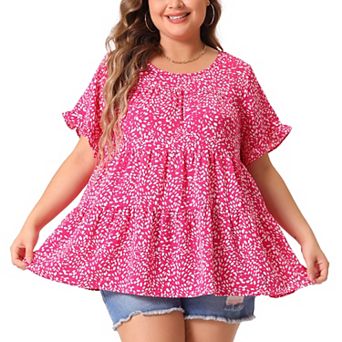 Women's Plus Size Polka Dots Blouses Round Neck 3/4 Ruffle Sleeve Tiered Peplum Tops