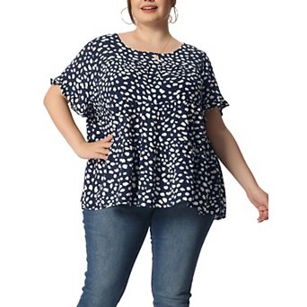 Women's Plus Size Polka Dots Blouses Round Neck 3/4 Ruffle Sleeve Tiered Peplum Tops