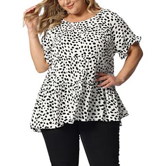 Women's Plus Size Polka Dots Blouses Round Neck 3/4 Ruffle Sleeve Tiered Peplum Tops