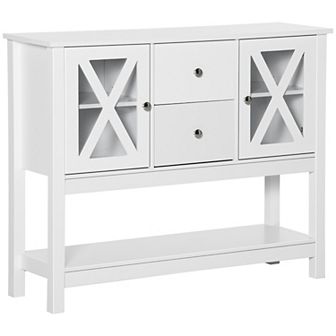 Modern Storage Sideboard, Glass Door Buffet Cabinet 2-drawer Console Table White