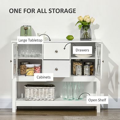 Modern Storage Sideboard, Glass Door Buffet Cabinet 2-drawer Console Table White