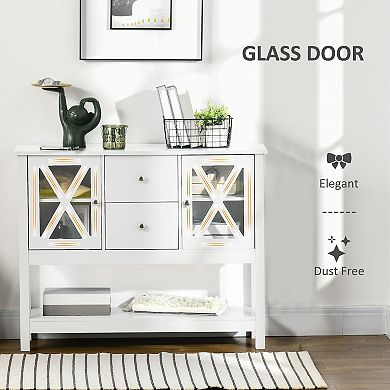 Modern Storage Sideboard, Glass Door Buffet Cabinet 2-drawer Console Table White