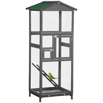 65" Extra Large Wooden Bird Cage Habitat With Strong Metal Wire 2 Doors, Grey