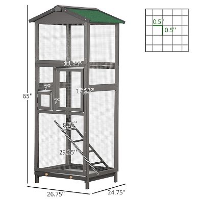 65" Extra Large Wooden Bird Cage Habitat With Strong Metal Wire 2 Doors, Grey