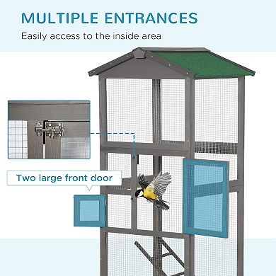 65" Extra Large Wooden Bird Cage Habitat With Strong Metal Wire 2 Doors, Grey