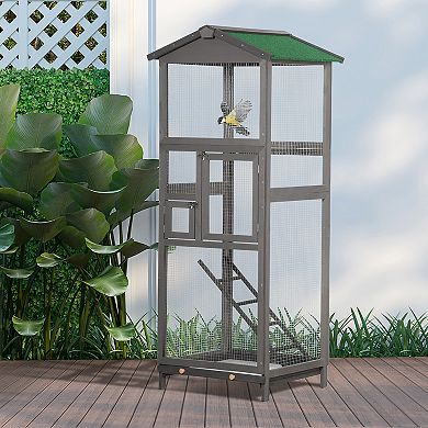65" Extra Large Wooden Bird Cage Habitat With Strong Metal Wire 2 Doors, Grey