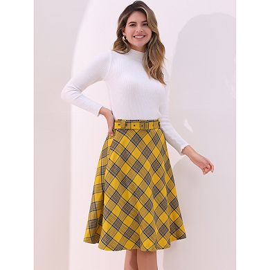 Women's Costume Plaid Belted High Waist A-line Mid-length Skirts